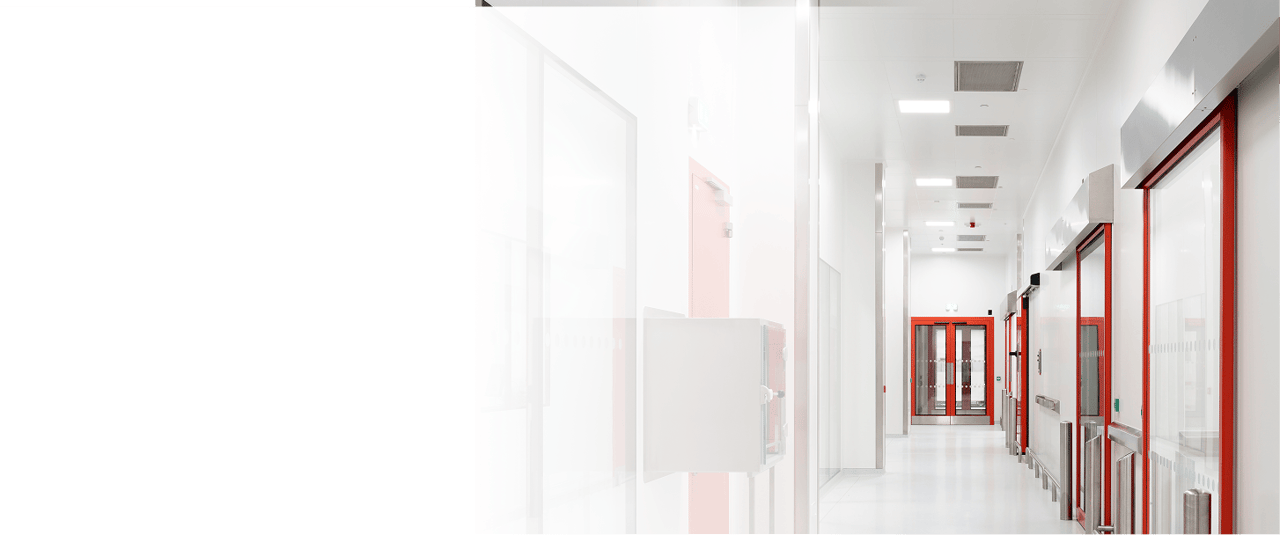 Cleanroom corridor with red door frames