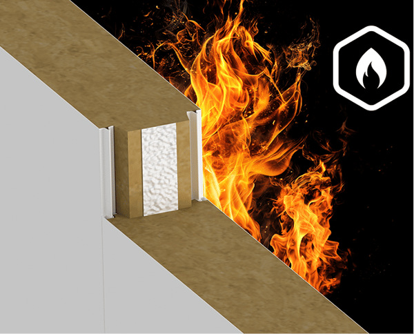 Cut-away of a fire-rated panel joint with flames and a fire-resistance icon