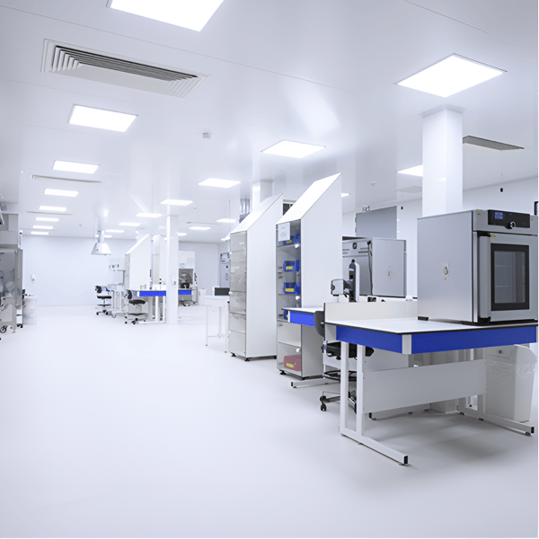 Sala limpia de laboratorio con mesas de trabajo, campanas de extracción y equipos