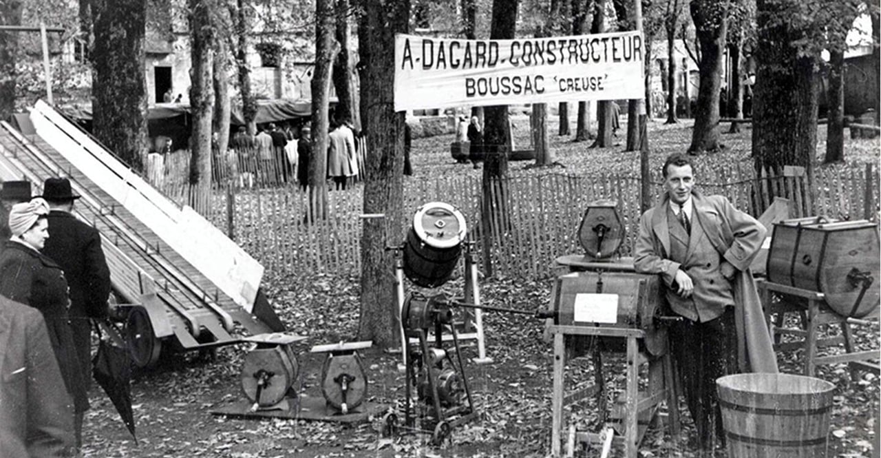 Archive photograph of an early A. Dagard Constructeur trade stand at Boussac